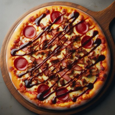 Pizza barbacoa sobre una paleta de cocina